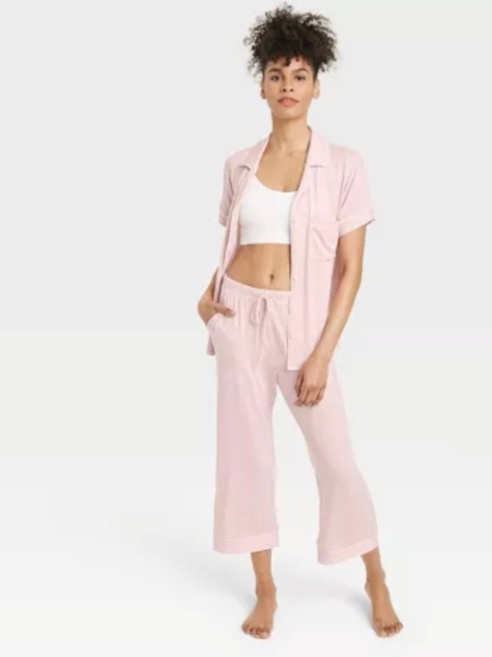 Auden Light Pink & White Striped Short-Sleeve Pajama Set with Wide-Leg Pants